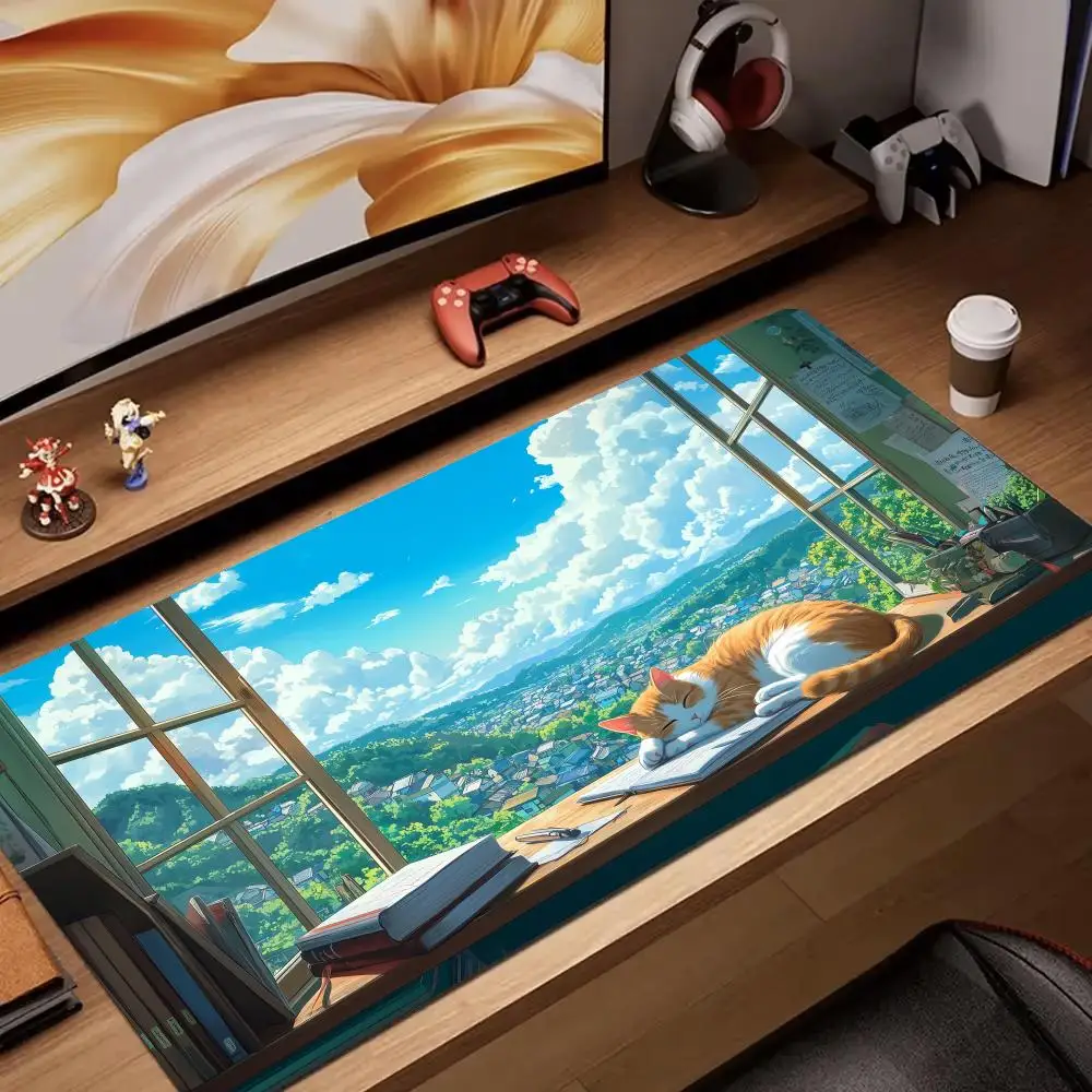 Pc Gaming Orange - Sommerlandschaft und orangefarbene Katze Mauspad Schreibtischunterlage